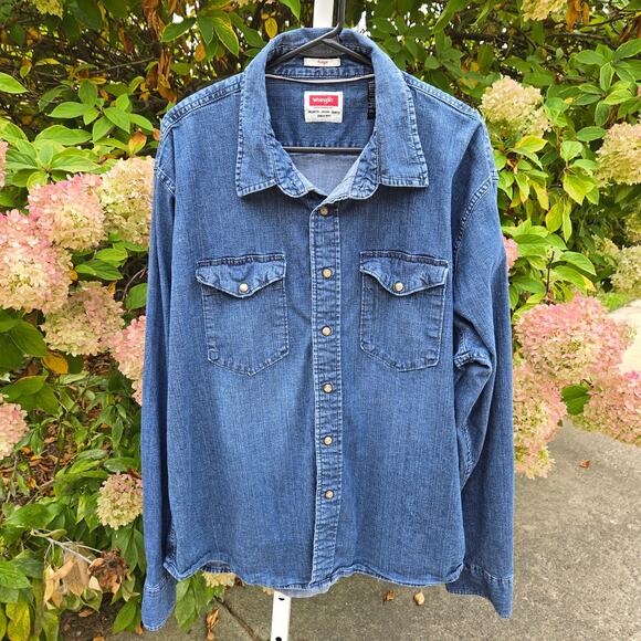Wrangler Indigo Men's Denim Pearl Snap Shirt Western Long Sleeve Stretch sz 2XL - Picture 1 of 12